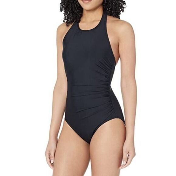 Calvin Klein CG2MS732 Sz 16 Black Ruched High Neck Halter 1-Pc Swimsuit - Picture 8 of 9